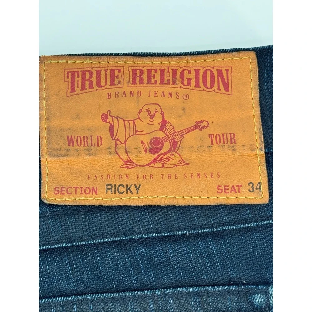 True Religion Jeans Mens 34x32 Blue Denim‎ Flap Pockets Ricky Distressed Hems